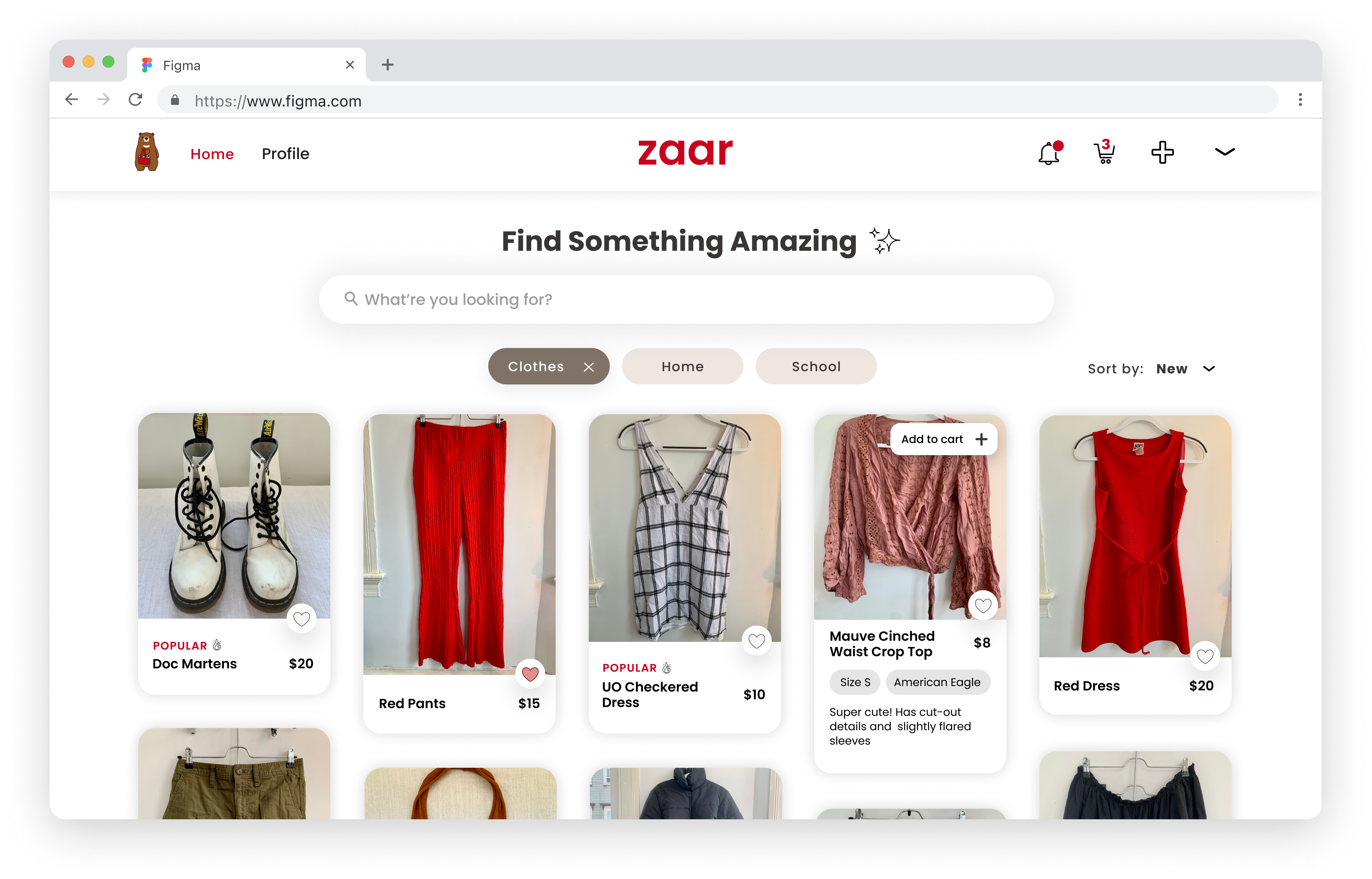 Zaar browse interface showing clothing listings with category filters